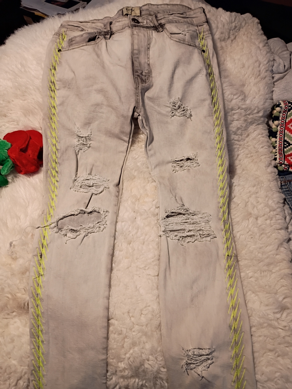 KDK Distressed Women's Jeans with Neon Yellow Side Stitching